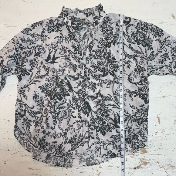 Pilcro Anthropologie Top M Stripe Floral Toile Balloon Sleeve Peasant Romantic - Picture 8 of 13